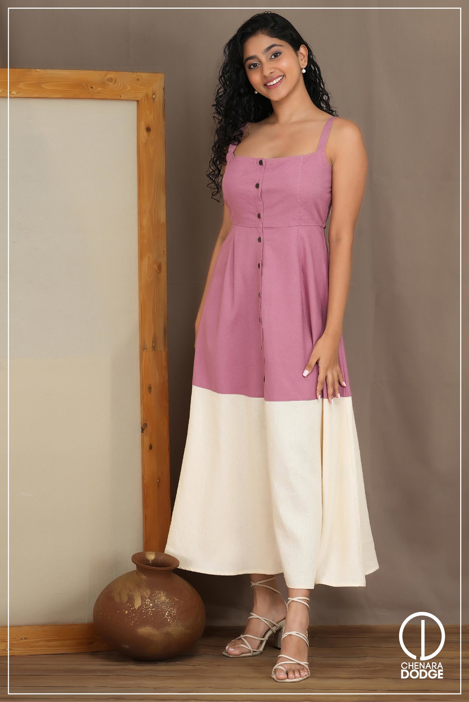 Two-Tone Midi Dress with Metallic Embellishments